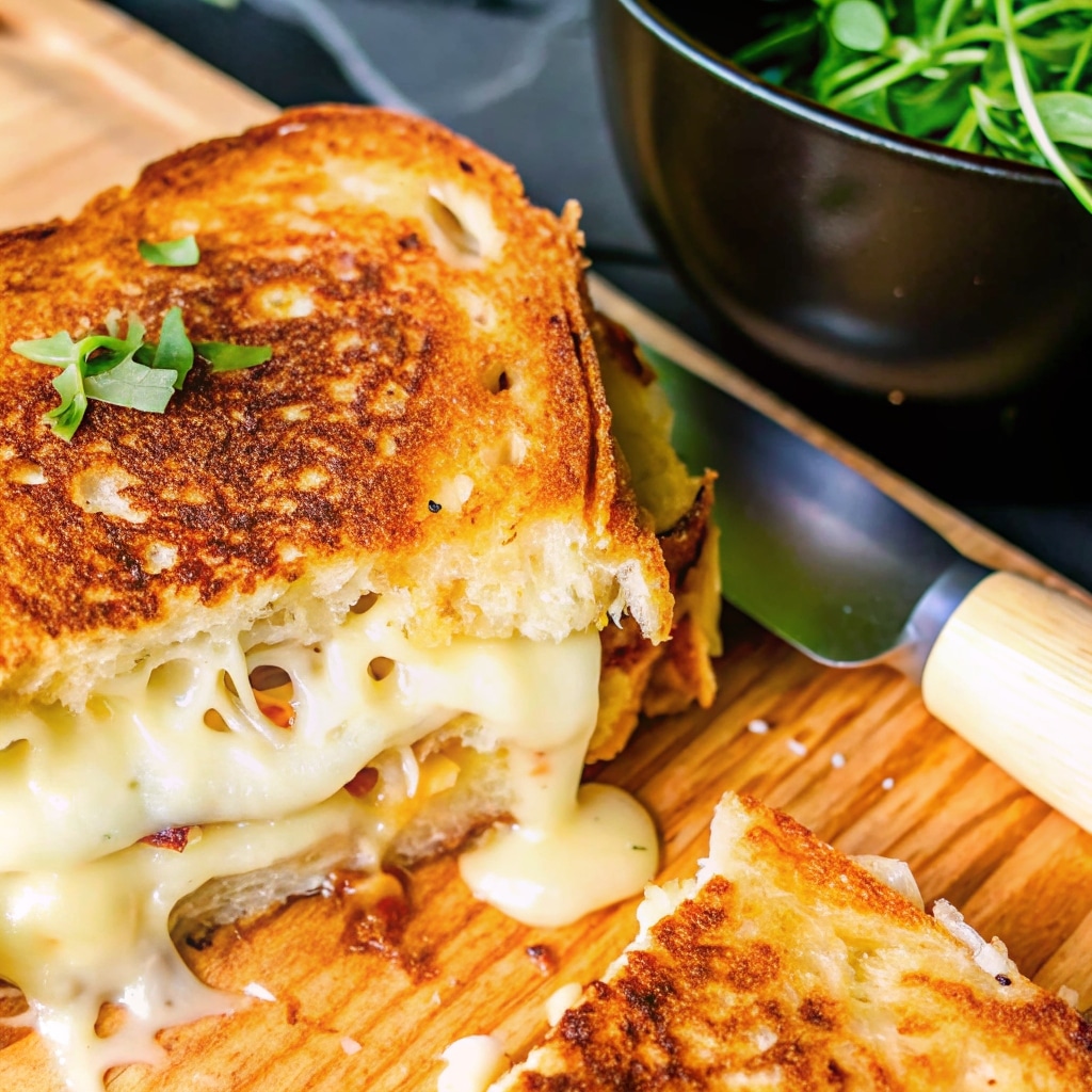 Home 3 Sourdough grilled cheese sandwich sliced with melty cheese pull