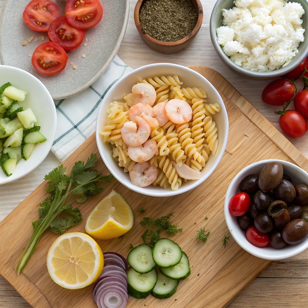 Greek Shrimp Pasta Salad – A Fresh and Flavorful Twist 10 Greek Shrimp Pasta Salad ingredients laid out