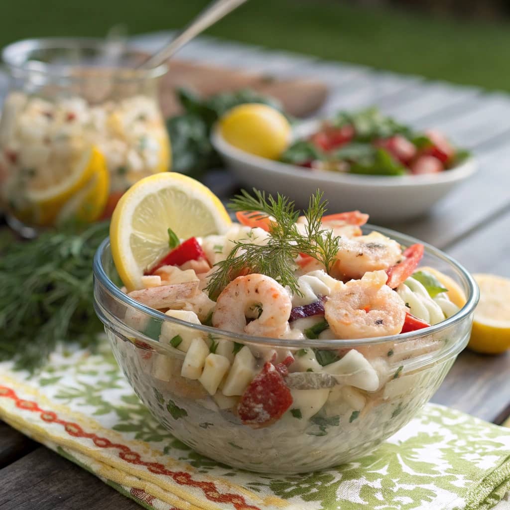 Greek Shrimp Pasta Salad – A Fresh and Flavorful Twist 12 Greek Shrimp Pasta Salad served outdoors
