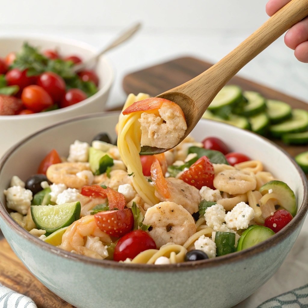 Greek Shrimp Pasta Salad – A Fresh and Flavorful Twist 11 Mixing Greek Shrimp Pasta Salad in a large bowl
